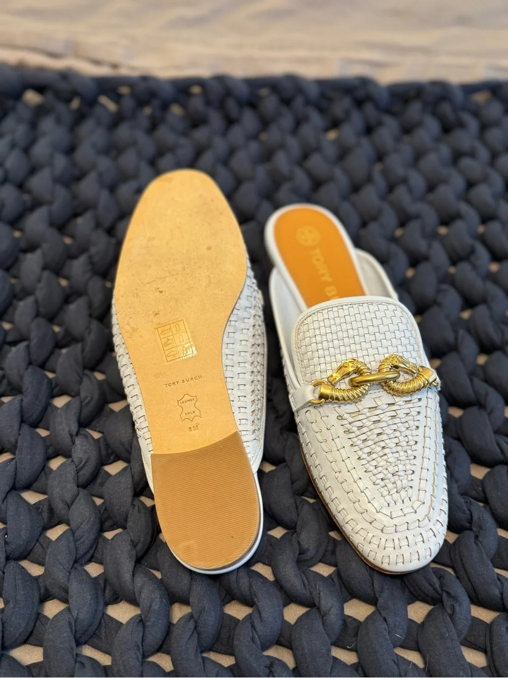 Tory Burch Sky Blue Woven Leather Backless Loafers with Gold Chain